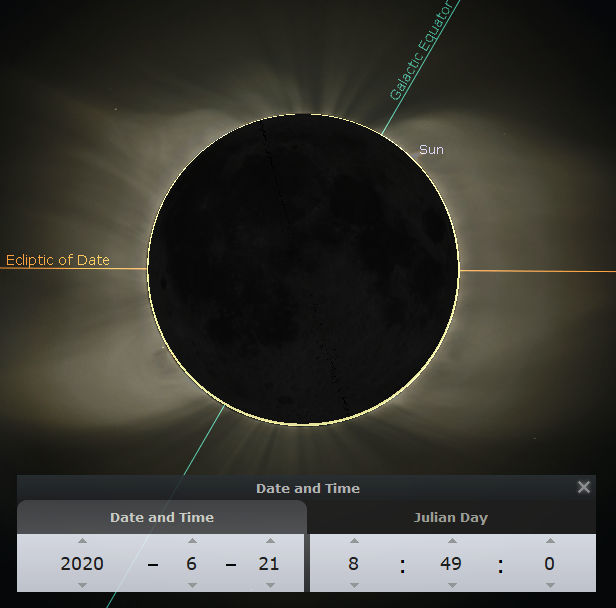 An astronomical simulation showcasing a celestial event with the Sun obscured by a dark sphere, surrounded by a glowing halo. The background features soft green and white radiant light. The illustration is labeled with celestial coordinates and includes details showing the date and Julian Day corresponding to June 21, 2020.