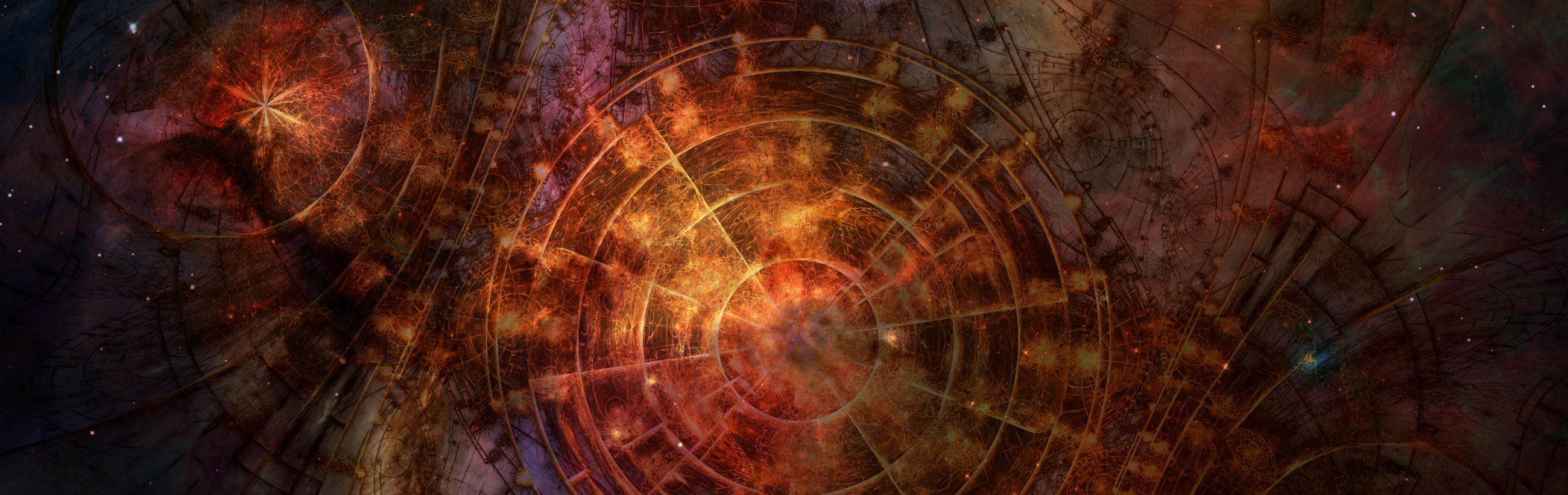 A wide, panoramic digital artwork depicting an intricate celestial map with overlapping ancient astronomical instrumentation such as armillary spheres and astrolabes in a cosmic setting. The image features a vivid color palette with dominant hues of orange, red, and dusky blues, highlighted by numerous stars and nebulous clouds, evoking a sense of the vast expanse and complexity of the heavens.