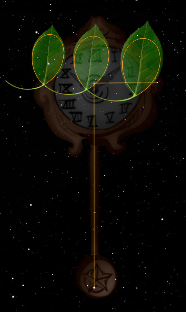 An artistic depiction featuring a vertical pendulum with a circular element showcasing numerical symbols, overlaid by three green leaves against a backdrop of twinkling stars.