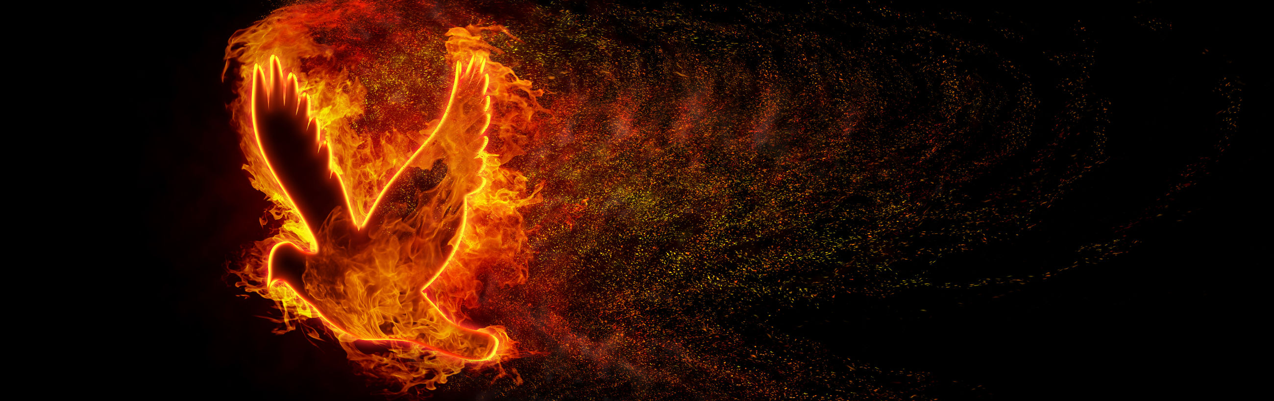 A vivid and dynamic digital artwork featuring a large, swirling figure composed of flames against a dark, starry background. The fiery silhouette resembles a human formed by swirling celestial fires, surrounded by a luminous cosmic dust and nebulous star fields, evoking a sense of the great expanses of creation.