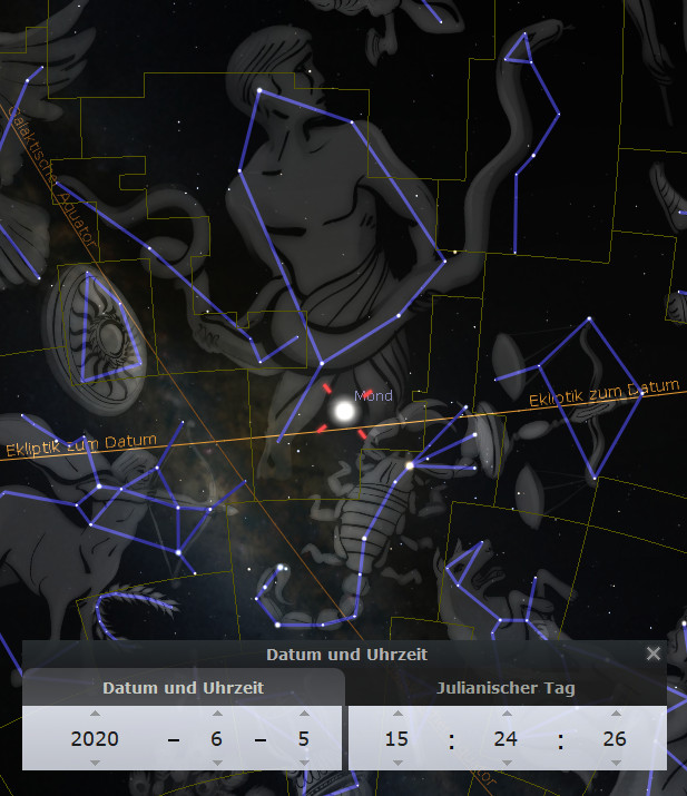 Eine astronomische Abbildung mit Darstellungen von Figuren des Mazzaroth, die durch blaue Linien verbunden sind, welche die Konstellationen nachbilden. Im Bild sind der Mond und der Ekliptikpfad sichtbar. Im unteren Bereich sind Datums- und Uhrzeitangaben vom 5. Juni 2020 angezeigt.