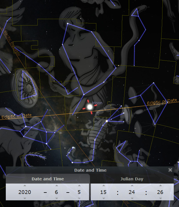 An astronomical map displaying the constellations with the Moon positioned among them, overlaying a stylized illustration of a human figure outlined with stars, with the ecliptic of date indicated. The image includes date and time settings showing June 5, 2020.