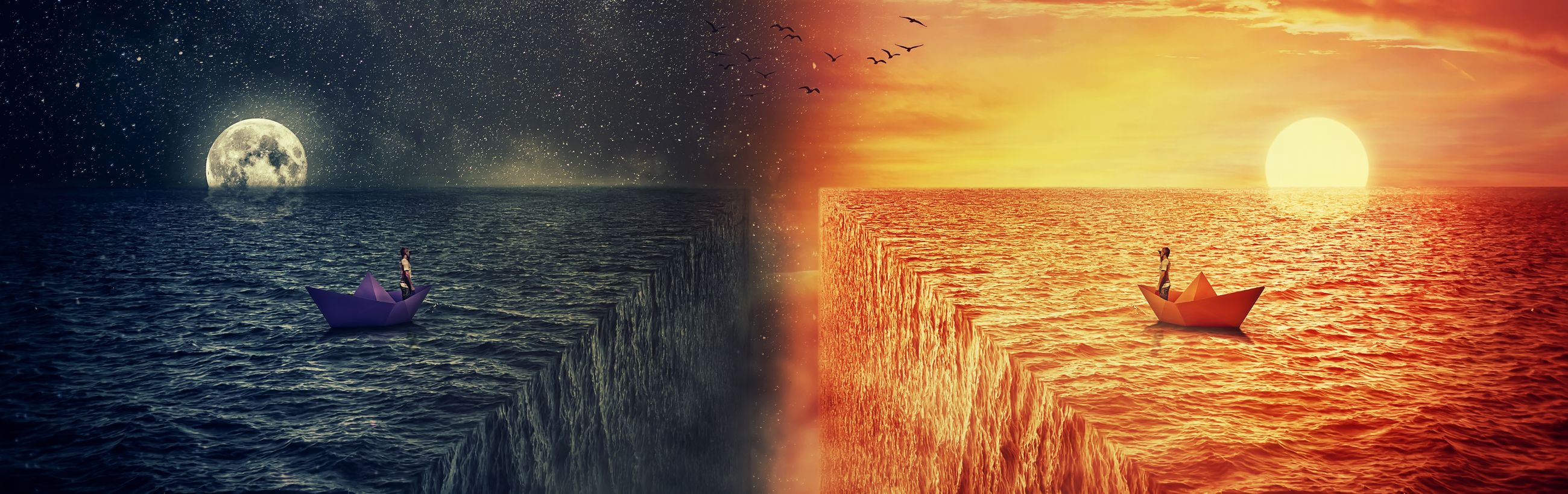 A panoramic illustration featuring a surreal seascape divided into a night and day scene. On the left, a full moon illuminates a dark ocean scattered with stars, where a purple paper boat floats. On the right, the same sea transitions into a golden, sunlit expanse dropping off a flat edge, as another paper boat sails towards a glowing sunset. Birds fly over the boundary where these two realms meet.