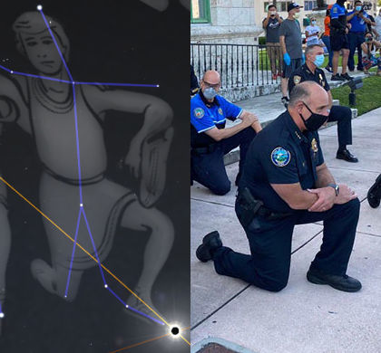 On the left, a depiction of a constellation resembling a figure believed to be part of the Mazzaroth, outlined with blue lines connecting bright stars. On the right, three police officers in uniform are kneeling and sitting on the ground, interacting during an event with onlookers in the background.