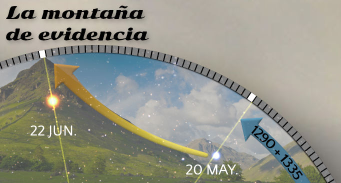 Imagen que presenta la gráfica de un paisaje con una montaña y cielo estrellado, superpuesta con una representación abstracta de un arco que conecta fechas del 20 de mayo al 22 de junio con líneas y símbolos geométricos. En la parte superior se lee "La montaña de evidencia".