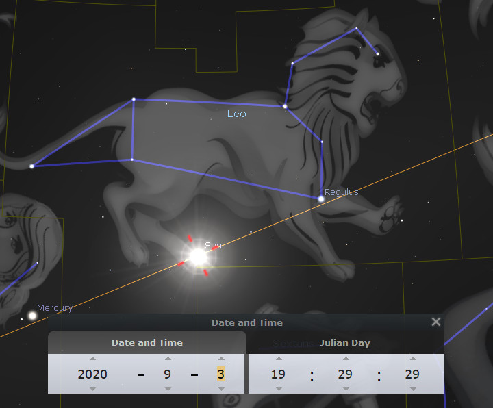 A digital illustration of the Mazzaroth constellation resembling a lion, labeled as "Leo", depicted in space with connected blue lines outlining its shape. The illustration shows the Sun surrounded by smaller labels of celestial objects such as Mercury and a notable star, Regulus. A date and time interface is visible in the bottom corner indicating the year 2020, and the month and day as September 3rd.