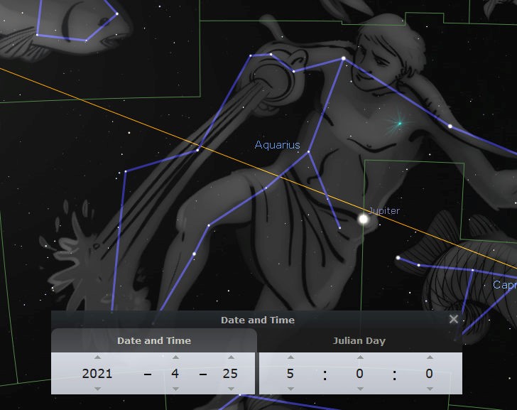 A detailed digital illustration of a figure associated with the Mazzaroth set against a starry backdrop, composed of connected, luminous points creating an outline around the classical depiction of a figure pouring water from a vessel. The image also includes graphical interfaces indicating coordinates and positioning of celestial bodies on a specific date and time, with annotations for Jupiter and another constellation adjacent to the figure.