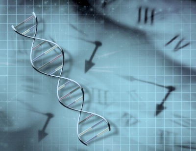 An artistic representation featuring a DNA helix superimposed on a celestial-themed background, including blurred clock faces and star-like points. There are no explicit references to the Mazzaroth or celestial constellations.