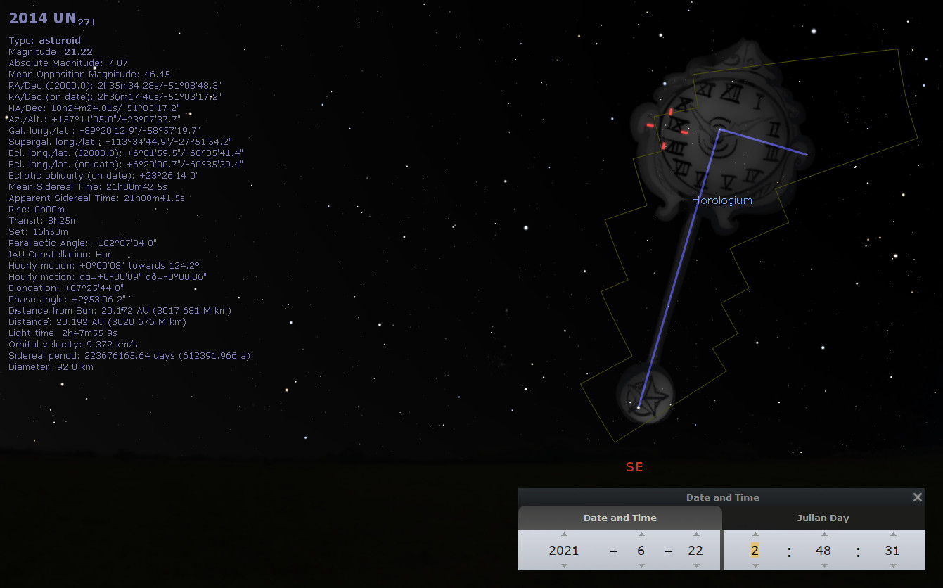 An astronomical software interface displaying detailed information about the asteroid 2014 UN271. The screen shows star fields in the night sky with a highlighted path and data related to the asteroid such as its distance from the sun, orbital velocity, and diameter. An overlay illustrates the position of the asteroid relative to the constellations, specifically near the constellation Horologium.