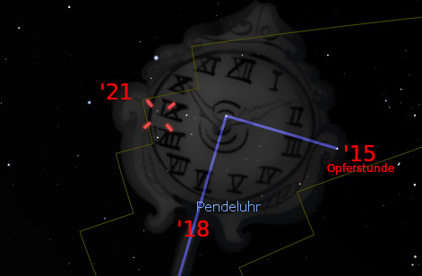 Künstlerische Darstellung einer alten Pendeluhr, überlagert mit einem Sternenhimmel und dazu vermerkten numerischen Koordinaten und Uhrenlesung, vor einem dunklen, sternbesetzten Hintergrund.