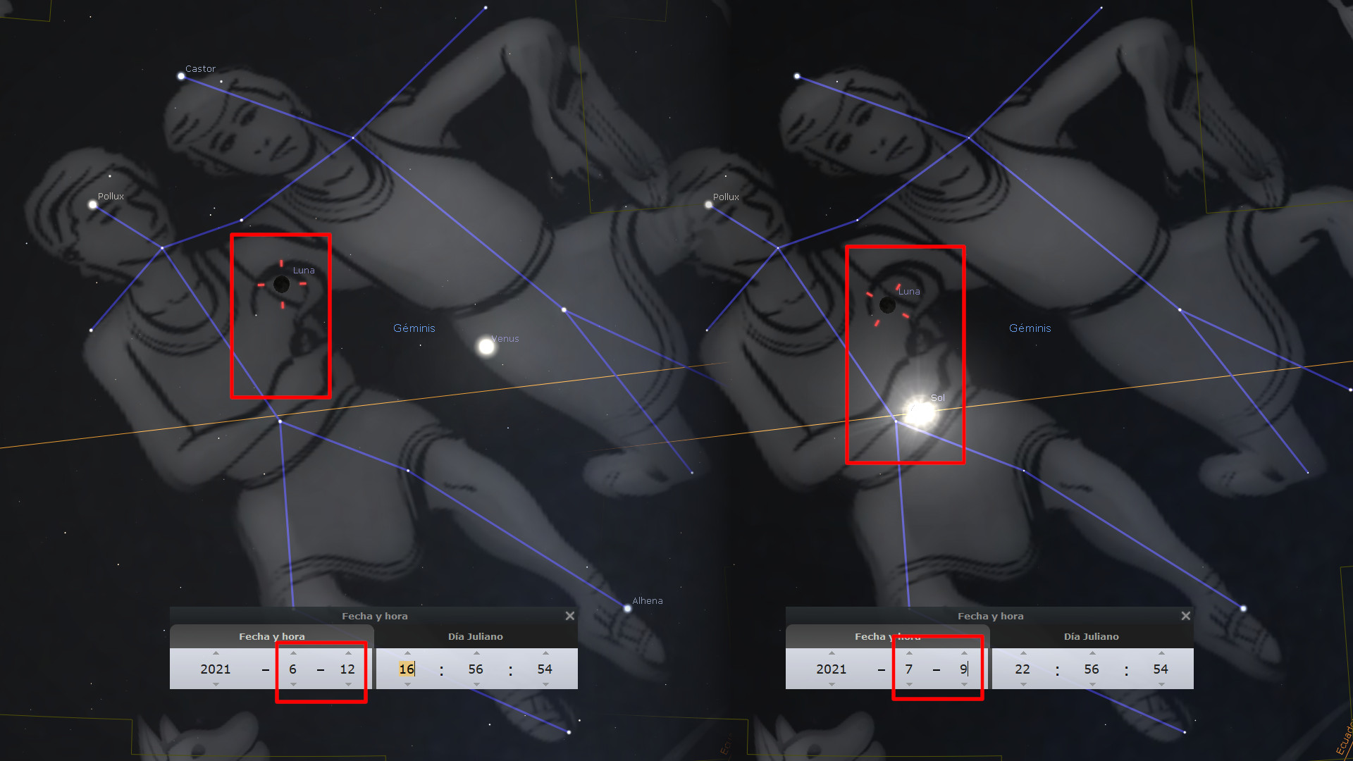 Imagen de una representación estelar que muestra figuras humanas alineadas con cuerpos celestes. Se destacan las posiciones de la Luna y el Sol. Las líneas conectan diferentes estrellas destacando las estructuras celestes específicas. En la esquina inferior se observan datestamp de dos momentos diferentes.