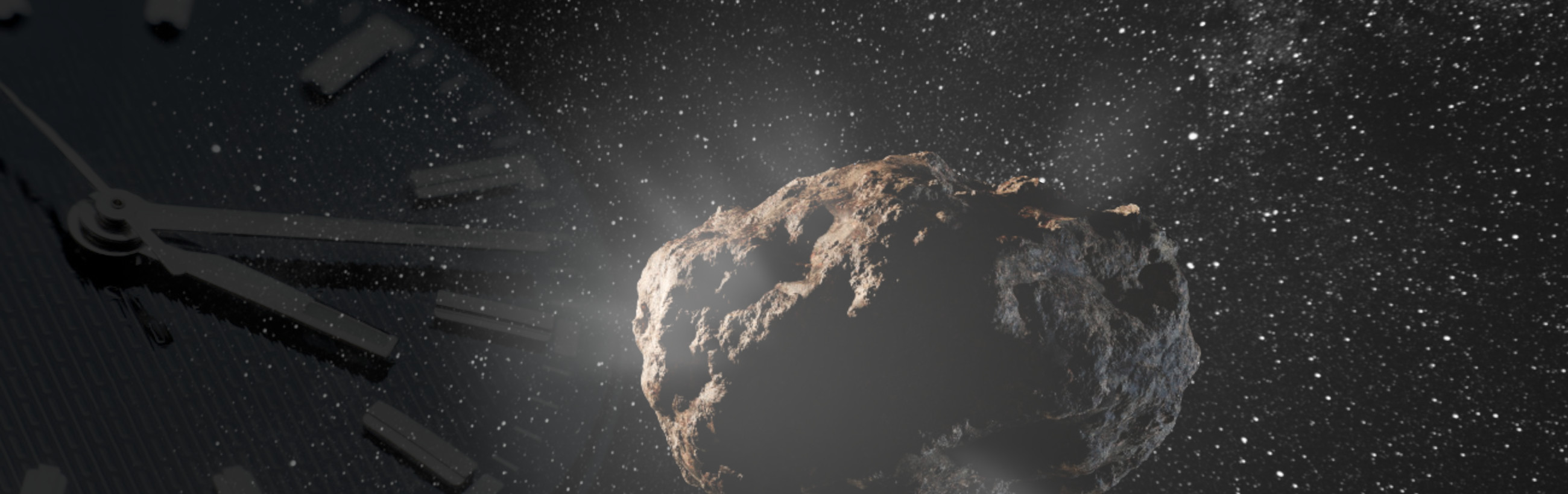 A rendering of a celestial body resembling an asteroid, floating in space near a satellite with solar panels. The surroundings feature a vast star field, emphasizing the vastness of creation.
