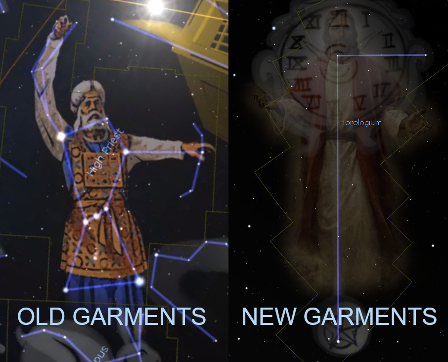A comparative illustration of two figures against a starry night sky, each associated with a background display of celestial constellations. On the left, a figure dressed in bronze armor raises their arm, overlaid with luminous lines forming a constellation. On the right, a figure in soft flowing robes stands with arms outstretched, superimposed with a partially transparent clock face marked with Roman numerals. The labels "OLD GARMENTS" and "NEW GARMENTS" caption the respective figures.
