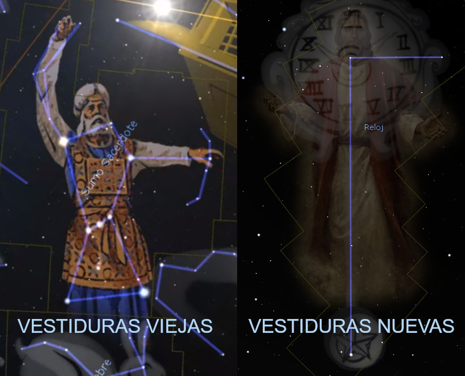 Imagen dividida en dos paneles bajo un fondo estrellado. A la izquierda, una figura masculina con indumentaria antigua está superpuesta a una constelación, titulada 'Vestiduras Viejas'. A la derecha, aparece una figura masculina con una túnica clara entre figuras de un reloj antiguo y constelaciones, con el título 'Vestiduras Nuevas'.