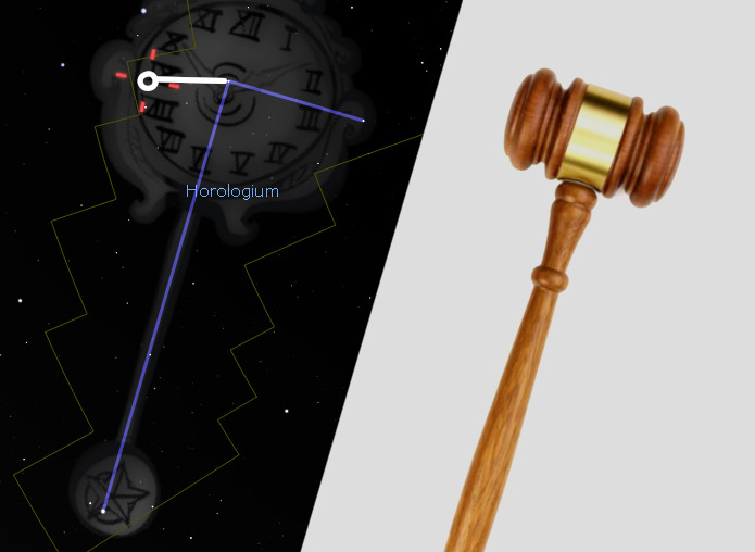 Digital illustration divided in two halves; on the left, a stylized depiction of the constellation 'Horologium', resembling a celestial clock against a starry sky. On the right, a detailed image of a wooden judge's gavel on a plain background.
