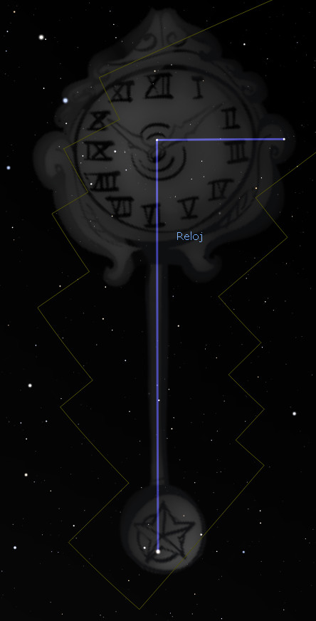 Un reloj cósmico flotante sobre un fondo estelar oscuro, mostrando números romanos que representan las divisiones del Mazzaroth en una configuración circular. Un péndulo con una estrella al final cuelga bajo el reloj, todo dentro de un contorno amarillo en forma de zigzag.