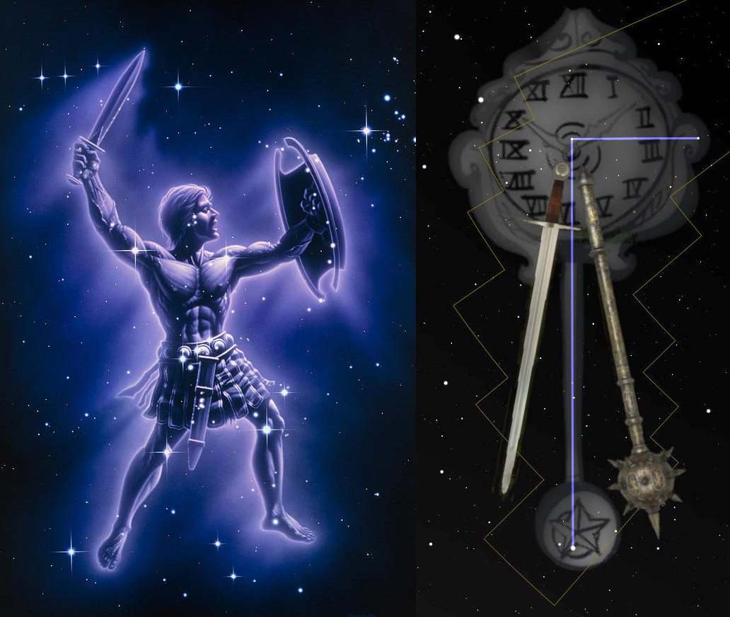 A digital artwork depicting a warrior from an ancient Mazzaroth constellation, armed with a sword and shield, set against a starry night sky. Adjacent is an image of an antique astronomical device used for timekeeping, featuring Roman numerals and a detailed pendulum with celestial motifs.