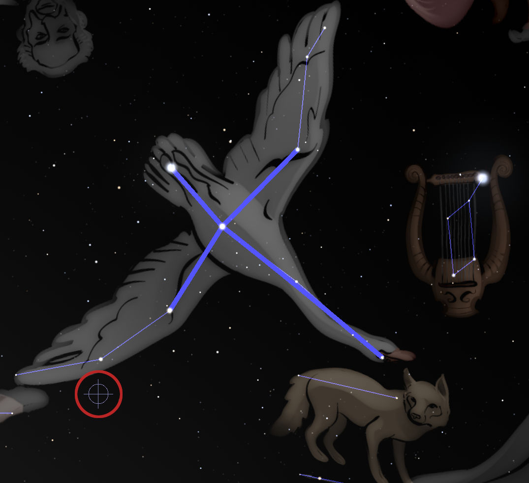 A celestial depiction featuring a constellation resembling a winged being in flight, framed against a dark starry background. Nearby elements include what appears to be an ancient lyre and a feline creature, both also outlined as constellations. A faint illustration of a human face and a celestial object are visible in the backdrop, contributing to a mystical night sky tableau.