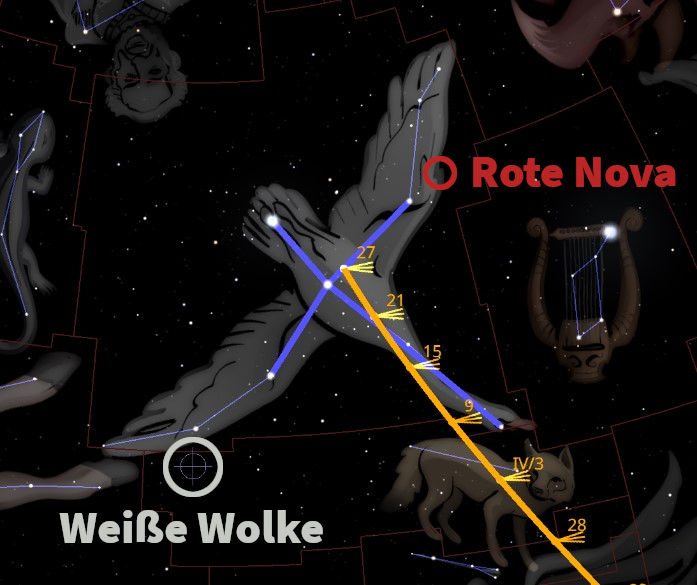 Darstellung einer Sternkarte mit verschiedenen Sternenkonfigurationen, die als menschliche und tierische Figuren illustriert sind, vor einem dunklen Weltraumhintergrund. Markante Elemente schließen eine rote Nova, eine weiße Wolke und farbige Linien ein, die vermutlich Bahnverläufe oder Verbindungen zwischen den Sternen zeigen.
