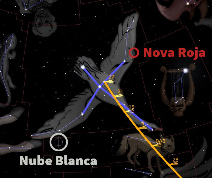 Ilustración digital del cielo nocturno mostrando varias figuras que representan agrupaciones tradicionales de estrellas en el firmamento, conectadas por líneas que delinean sus formas. Hay una novela roja marcada y una región etiquetada como 'Nube Blanca'. Las estrellas están representadas por pequeños puntos de luz en un fondo oscuro.
