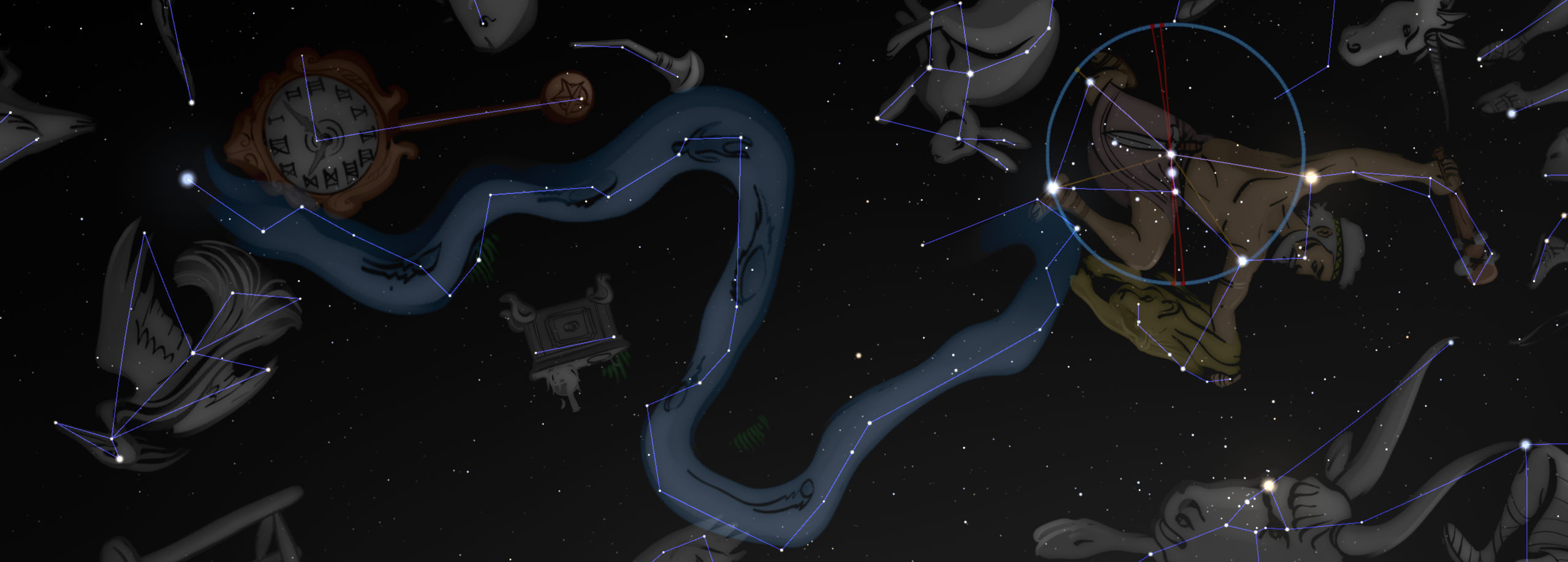 A digital artwork featuring a cosmic display with various celestial configurations that resemble mythological artifacts and creatures connected by luminous lines against a starry sky background. Key elements include a clock, animal figures, and ancient symbols, all intricately woven into an expansive night sky tableau.