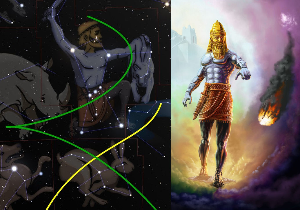 Digital image depicting a scene in two panels. The left panel features interconnected constellations representing mythological figures, highlighted with geometric lines and starlit connections over a dark space background. The right panel shows an artistic interpretation of a warrior in ancient attire, standing before a vivid, colorful cloud formation with a comet streaking through the sky in the background.