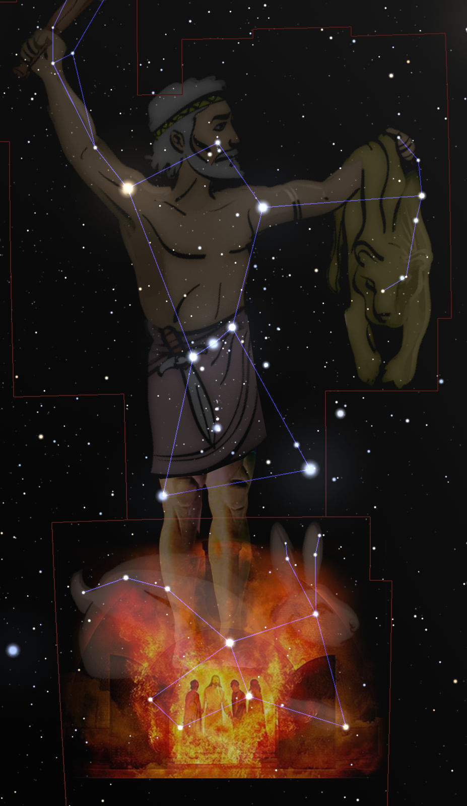 An artistic digital collage depicting a classical figure represented among the stars, based on a depiction from Mazzaroth. The figure is holding a cloth and standing above an ethereal overlay of a bull's silhouette containing a scene with several figures amidst flames. The cosmic setting features numerous stars and outlined constellations, highlighting connections typically studied within the field of astronomy.