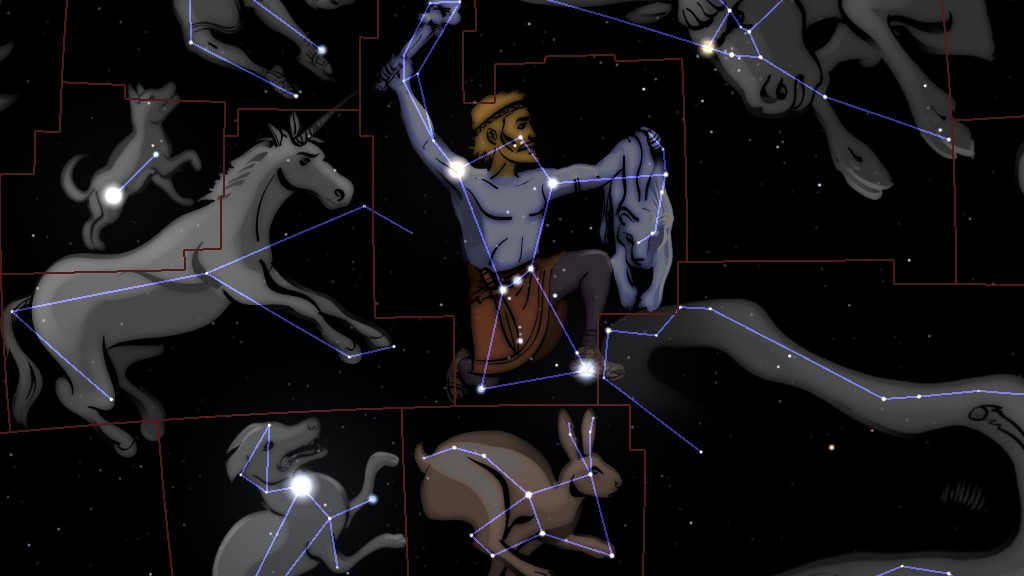 An artistic depiction of the night sky filled with intricately illustrated constellations, such as a man drawing a bow, a charging horse, and others representing various entities. The figures are white and highlighted with blue lines connected by stars, against a dark background divided by red grid lines.