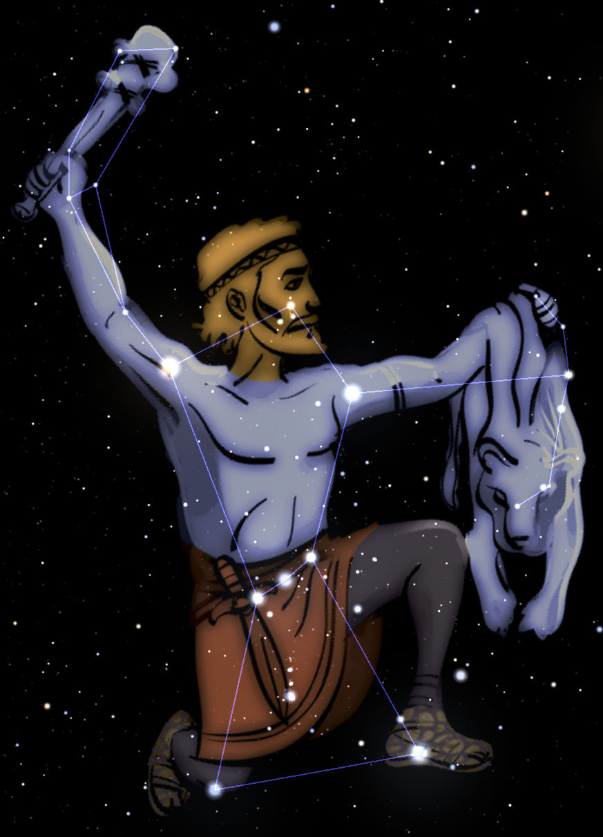 Illustrated depiction of a man kneeling with one knee on the ground, set against a backdrop of stars. He is drawn in a classical style with a golden diadem, dressed in a partial armor and tunic, holding a raised sword and bow. Connected by lines, the stars form a visible constellation representing a figure known in the Mazzaroth.