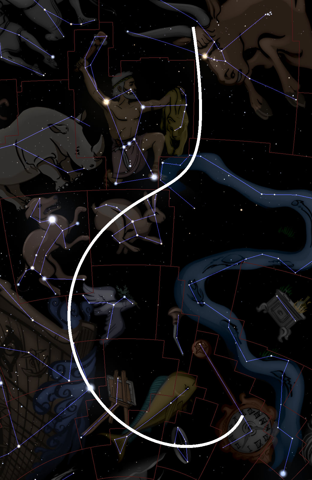 An illustrated depiction of various constellations set against a dark starry sky, intertwined with symbolic representations, such as a figure wielding a bow, a bull, scales, and mythological creatures. The formations are connected by lines highlighting patterns traditionally used for celestial navigation.