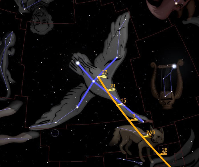 Illustration of a star map showcasing various constellations represented by mythical figures and animals against a dark space background. Bright lines connect stars to outline figures such as a large human figure diving through the space with arms spread wide, and nearby, a string instrument framed by stars is visible, highlighting the celestial connections of the Mazzaroth constellations.
