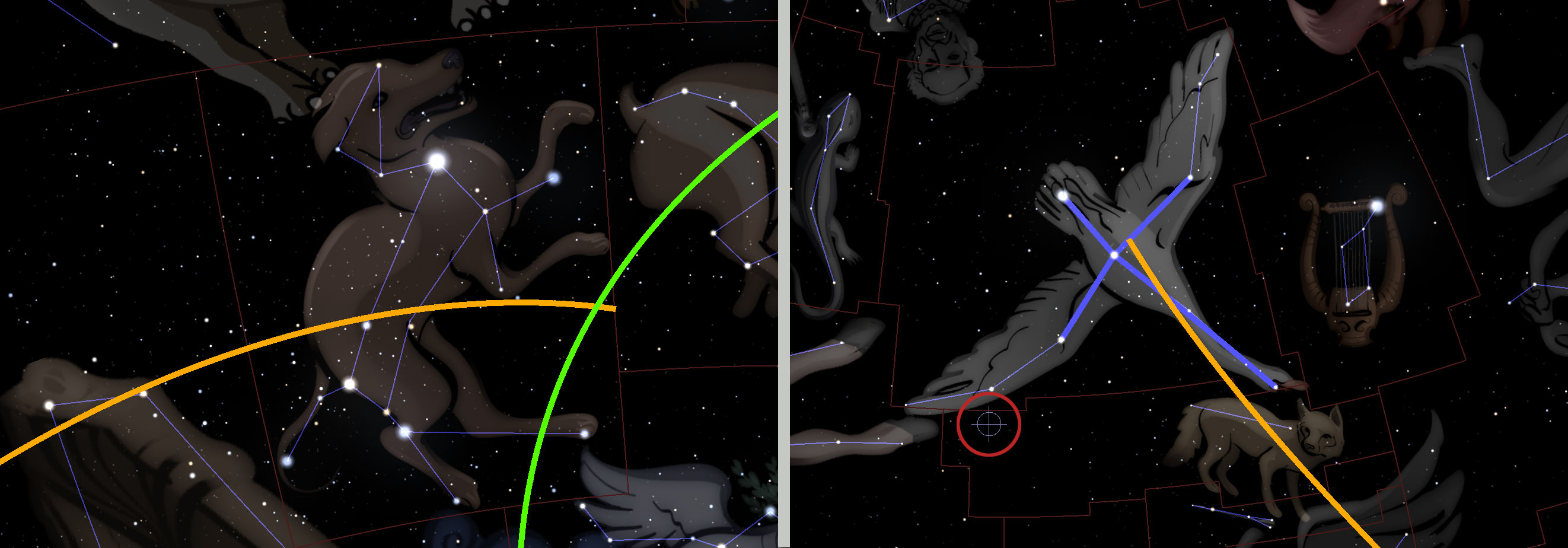A panoramic view of a dark starry sky featuring artistic representations of ancient figures and stellar constellations outlined with geometric shapes and connected by lines. These representations include mythical creatures and classical symbols, all mapped against the background of the night sky, divided by a vertical green and horizontal orange line suggesting celestial coordinates.