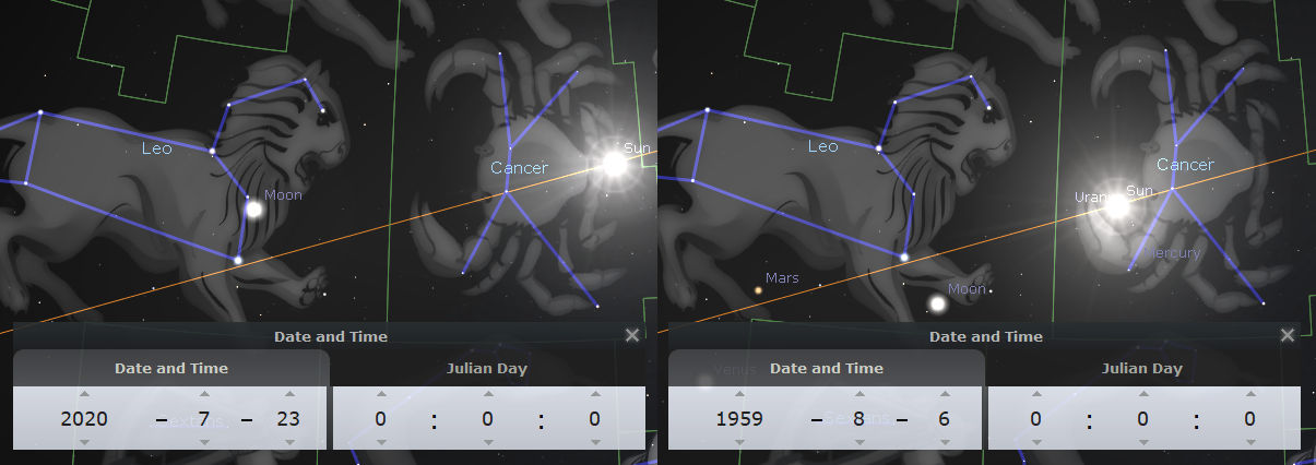 A digital astronomical illustration showing two side-by-side panels, each depicting the celestial positions of the Moon, planets, and constellations as seen from Earth. On the left, the arrangement is set against a 2020 date, featuring graphical lines connecting stars to outline the Mazzaroth constellations of Leo and Cancer, with annotations marking the Moon and the Sun's position on the ecliptic path. On the right, a similar celestial scene is set in 1959, displaying the Moon, Mars, Uranus, and other planetary bodies, with lines outlining the same constellations.