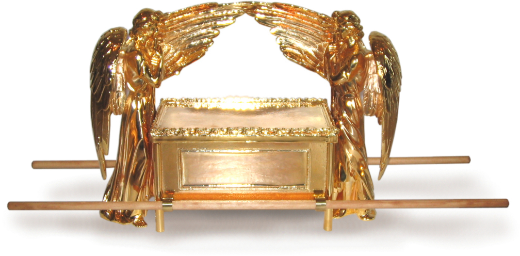 A detailed golden sculpture depicting two cherubim with outstretched wings facing each other, arching over a rectangular golden chest adorned with intricate engravings. The chest rests on two parallel poles.