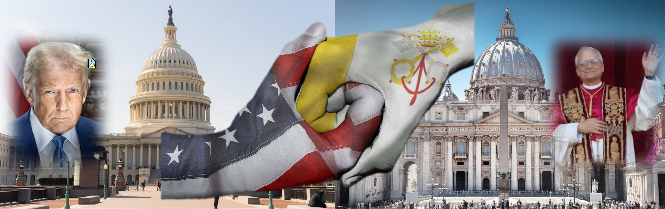 A wide panoramic image featuring a collage of various symbols of global leadership and authority. From left to right, a portrait of a senior man with an American flag merged into a scene of the United States Capitol Building, overlaid with hands clasped in an alliance handshake wrapped with the flags of the USA and another country, transitioning into an antique Vatican emblem overlaying a view of Saint Peter's Basilica in Vatican City, concluding with an image of a religious leader in ceremonial attire waving.