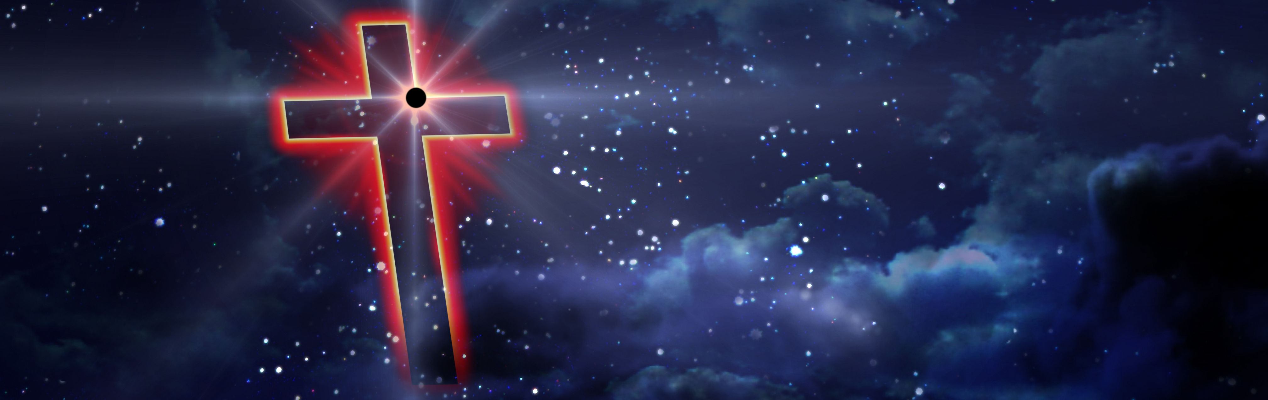 A radiant nebulous backdrop featuring a vivid red glowing cross with a central black circle contrasted against a cosmic sky peppered with stars and soft nebulae, invoking celestial grandeur.