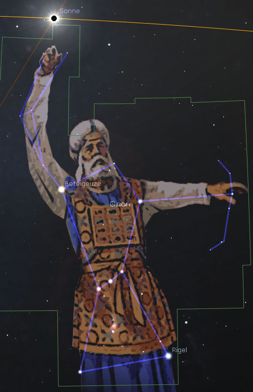 Illustration überlagert über einer Sternenkarte zeigt einen antiken Krieger, repräsentativ für ein Mazzaroth-Muster, markante Sterne wie Betelgeuse und Rigel sind beschriftet. Die Sonne ist auch zu erkennen.