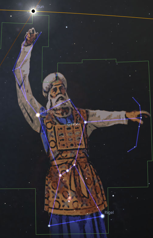Illustration of a historical constellation figure with notable stars labeled, including Betelgeuse and Rigel. The figure is portrayed as a warrior holding up an arm and pointing forward. The background features a starry night sky with lines forming connections between stars.