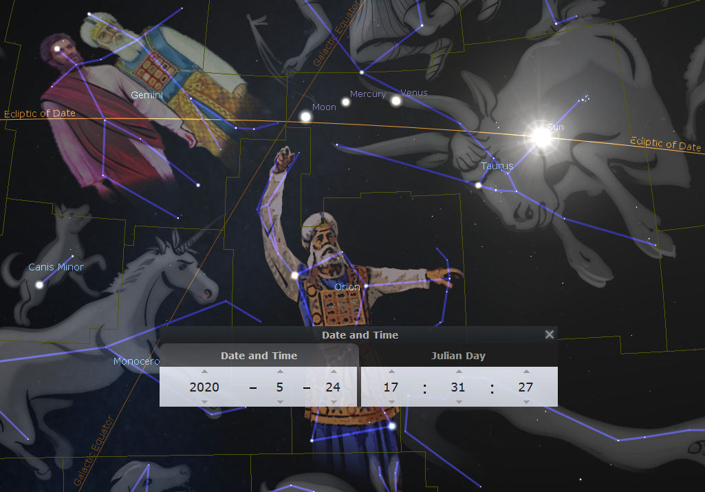 A celestial map displaying constellations and astronomical bodies as viewed on May 24, 2020. Highlighted are the figures labeled Gemini, Orion, Canis Minor, and Monoceros, with lines connecting the stars that form each constellation. The Moon, Mercury, Venus, and the Sun are also marked within the scene.