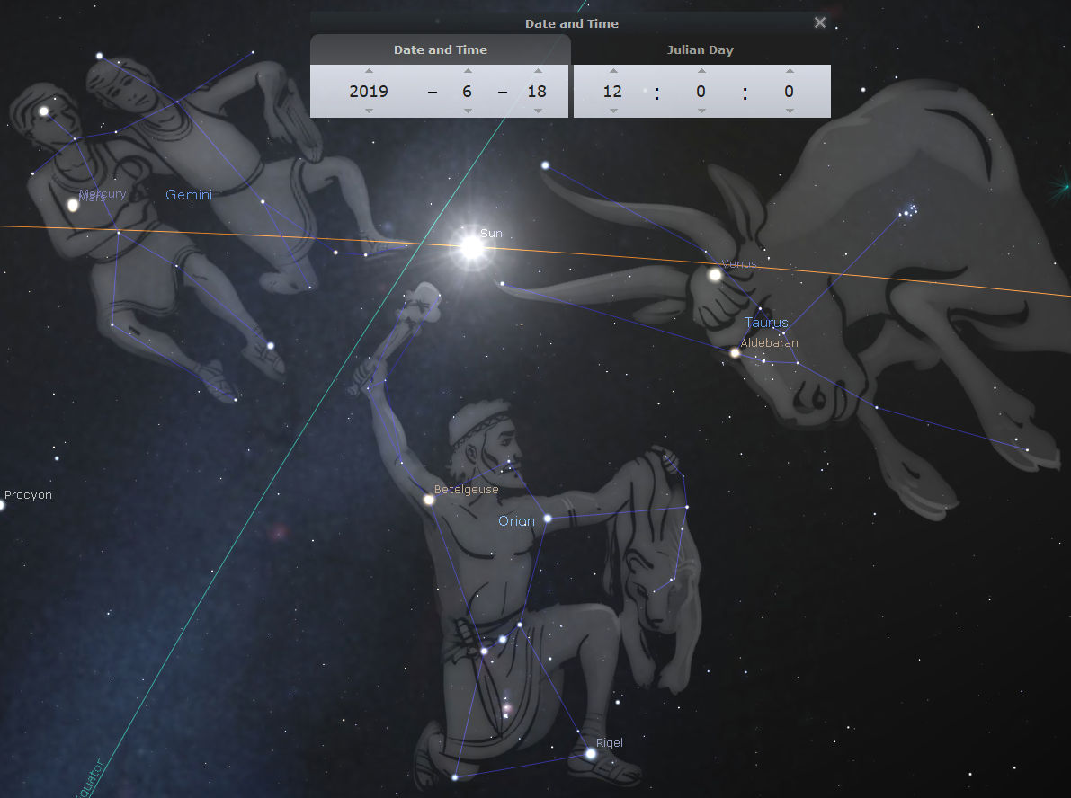 Stellar map depicting various constellations connected by blue lines, with key stars named. Two prominent human-like illustrations represent ancient interpretations of the celestial patterns. A radiant beam centrally crosses the dark sky marked by countless stars. The interface overlay includes date and time specifications for accurate astronomical positioning.