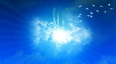 A radiant celestial body emits intense light surrounded by birds in flight against a deep blue sky.