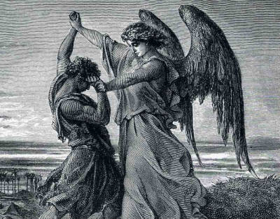 An intricate black and white illustration of two majestic figures, one with large, detailed wings extended upwards, embracing another figure without wings. They are depicted with flowing robes, suggestive of movement, against a hinted backdrop of a serene horizon.