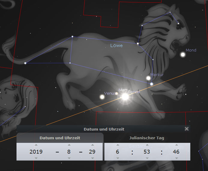 Schwarz-Weiß-Darstellung eines astronomischen Programms zeigt ein Löwenbild, das durch Linien verbunden ist, um die Sternkonstellation im Himmel zu repräsentieren. Ebenfalls eingezeichnet sind Positionen von Planeten wie Venus und Merkur sowie die Mondphase, sichtbar am 29. August 2019, 6:53 Uhr Julianischer Tag.