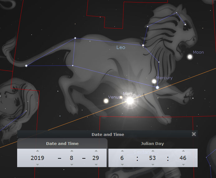 An illustrated celestial chart depicting the Mazzaroth constellation representing a lion, labeled as Leo, with visible planets like Mercury, Venus, Mars, the Sun, and the Moon aligned within its outline. The image includes light and dark tones with overlays indicating the celestial coordinates and additional depictions of a female face in the background. The user interface shows the Julian date and time settings.