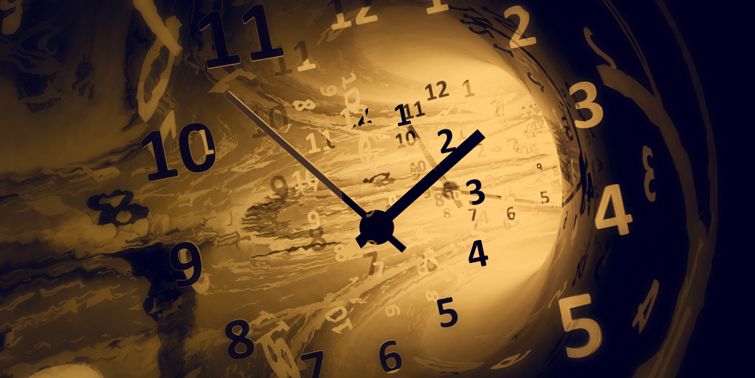 An abstract art piece featuring a large clock with prominent black hands pointing at 10 and 2, positioned over a background resembling a celestial map with traditional Mazzaroth symbols interspersed with floating white numeric digits of varying sizes, all set against a golden textured backdrop that mimics the outer space.