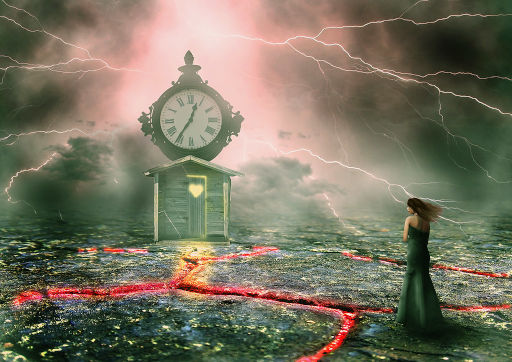 A surreal scene depicting a woman with long hair standing on a stormy landscape, looking towards a small wooden hut topped with a large clock, under a sky filled with lightning. The ground shows a glowing path resembling a celestial chart associated with the heavens.
