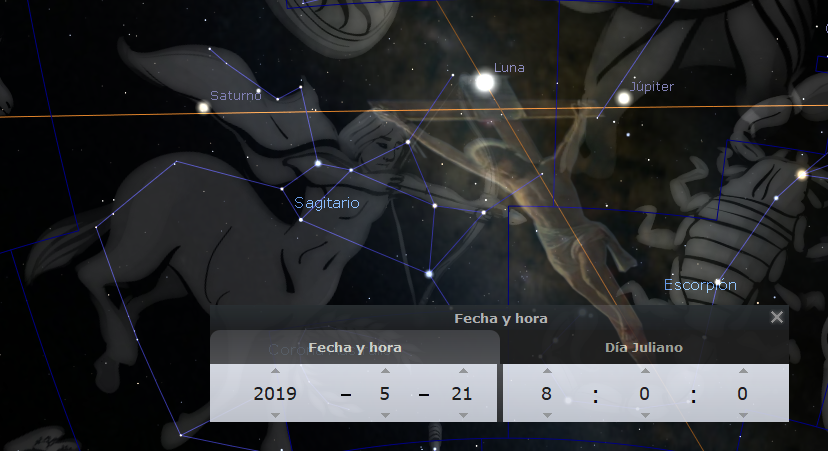 Imagen de un software de astronomía que muestra la ubicación de planetas como Saturno, la Luna y Júpiter, y constelaciones de la Mazzaroth como Sagitario y Escorpión, marcadas con líneas que conectan estrellas en una fecha seleccionada del calendario gregoriano; 2019-5-21 a las 8:00.