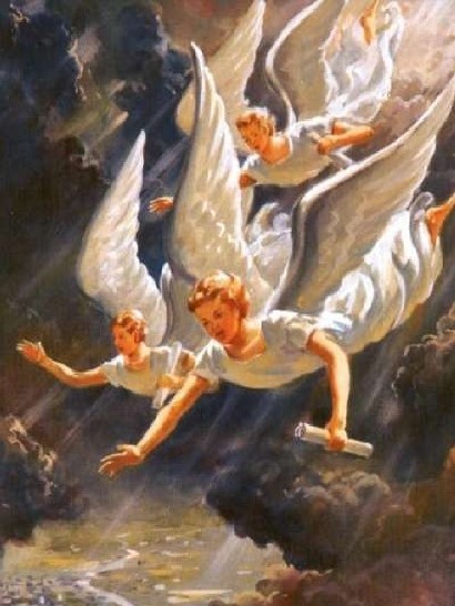 A classical painting depicting three angels with large, elegant wings descending through a cloudy sky. Each angel has a serene expression, and their garments flow with their movement.