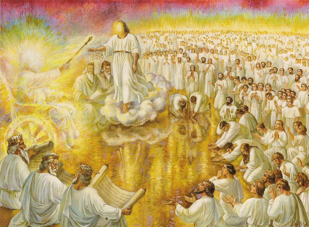 A vibrant painting depicts a celestial scene with a central figure in white robes standing on a cloud, surrounded by numerous figures in similar attire. The central figure gestures with a staff towards a group of individuals with crowns, who appear to be presenting scrolls. The background shows a multitude of similar figures extending into the distance under a bright, radiant sky.