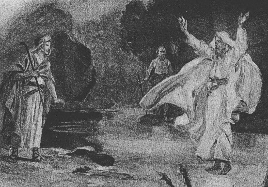 Monochrome sketch depicts three figures in ancient attire within a rugged landscape. Two men appear in a dynamic conversation; one gestures dramatically with both arms raised, the other watches intently. A third individual stands slightly apart, observing quietly.